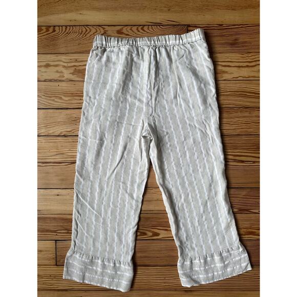 Loft Women Tan White Stripe Pocket Elastic Waist Cropped Linen Petite Med Pants - Picture 6 of 7